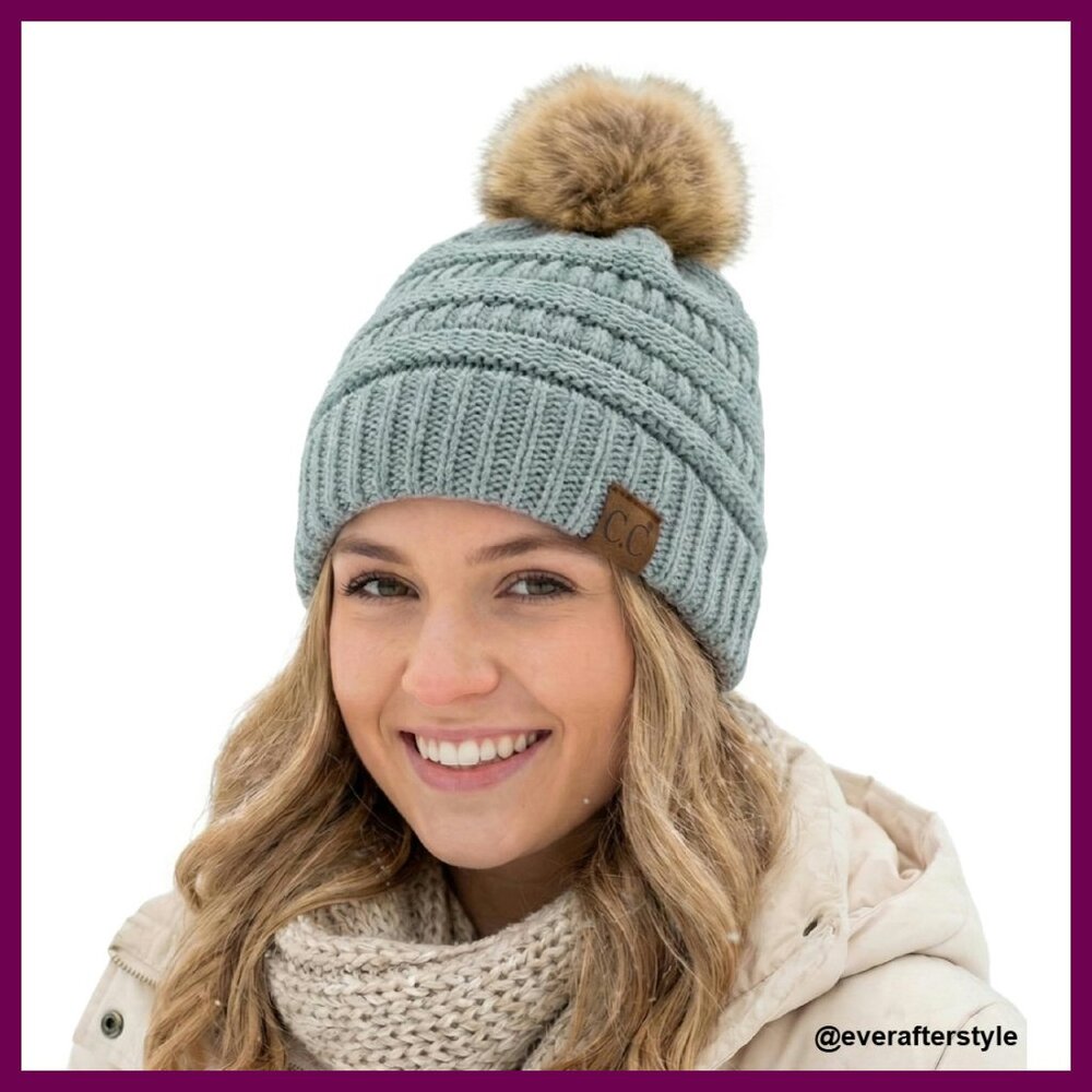 Fleece Lined Cable Knit Beanie Slouchy Winter Hat Faux Fur Pom Pom